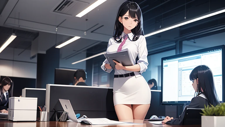 A woman working in an office、Please draw an illustration of a woman concentrating on desk work while wearing a tight skirt.。Computers and documents are lined up in the background.、There is a professional atmosphere。