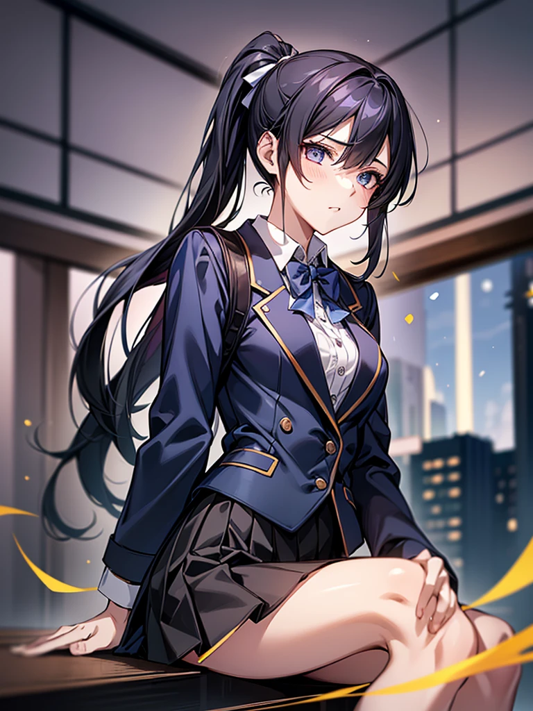One person, ponytail, Black Hair, Slender body,Small breasts,Slanted Eyes, Vaguely, height: 155cm,Illustration effect, High School Uniform,Navy Blue Blazer,White blouse,Gray knee-length flared skirt,Navy blue knee socks,Black shoes,Box Backpack,High resolution, masterpiece, Accurate, Anatomically correct, number々Awards for, Highest quality, Corruption, detailed, High resolutionモデル, 高いdetailed, retina, Very detaileded, Textured skin, 超High resolution, sight, Background Blur, Lens flare, Anatomically correct, Anime Style,