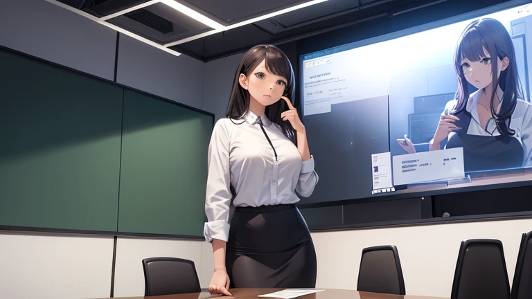 Present in a meeting room、Please draw an illustration of a working woman wearing a tight skirt.。The woman is speaking with a serious expression.、There is a whiteboard and a projector in the background.。