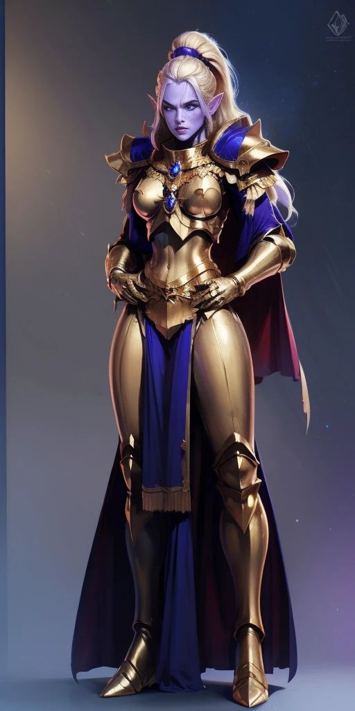 masterpiece, best quality, high quality, drow elf, long hair, pale hair, red eyes, purple skin, deep blue cape with golden ornaments (1solofemale full body standing straight symmetrical, hands on hips)