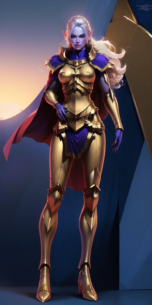 masterpiece, best quality, high quality, drow elf, long hair, pale hair, red eyes, purple skin, deep blue cape with golden ornaments (1solofemale full body standing straight symmetrical, hands on hips)