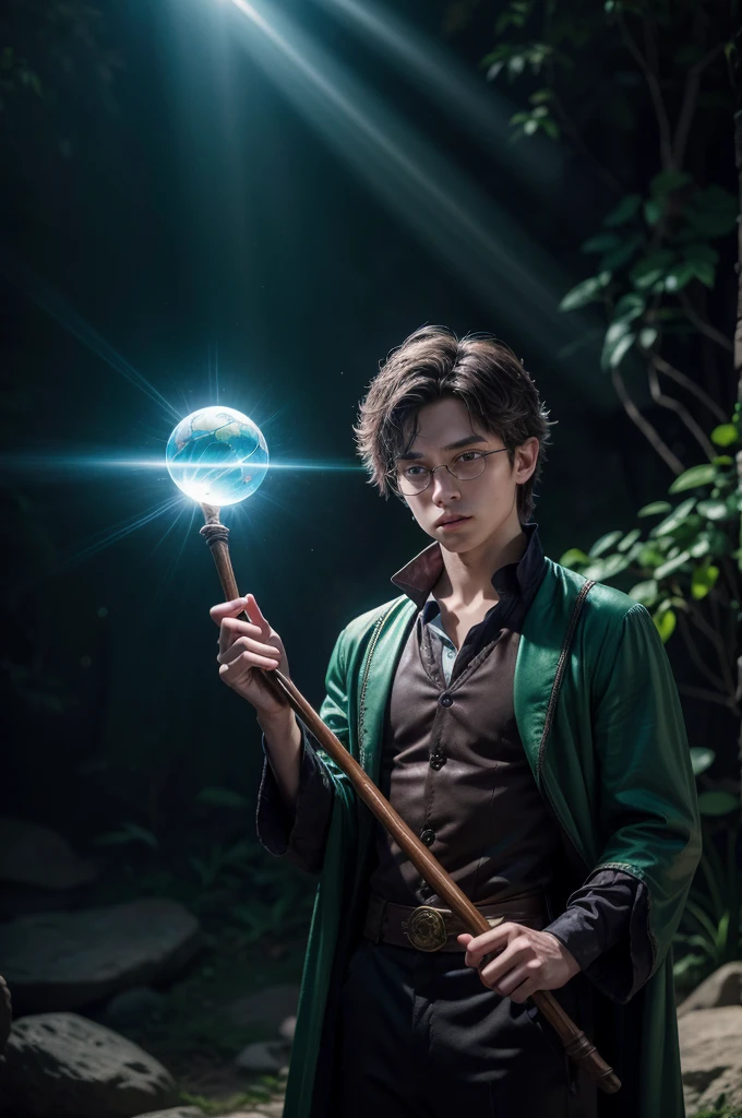 An ultra realistic and ultra detailed representation of the character Presto, inspired by the cartoon 'Dungeons & Dragons'. He is depicted as a young magician, with an expression of uncertainty as he tries to perform magic. Presto wears a dark green robe of textured fabric, with golden details that gently shine in the light. Presto's pointed wizard hat, also green and slightly worn, show realistic folds and shadow that falls on his face. His round glasses reflect the light around him, revealing brown eyes full of nervousness and curiosity. He firmly holds a polished wooden staff, with detailed carvings and a translucent magic sphere at the top, emitting a faint ethereal glow. The short brown hair has detailed strands, and his skin has a natural texture, with slight imperfections and a touch of shine. The background is a mystical cave full of magical effects, like floating particles of light in shades of blue, green and purple, with mystical rays of light illuminating the scene. The image has dramatic lighting that highlights the magical scene, with detailed shadows and an atmosphere of deep fantasy.
