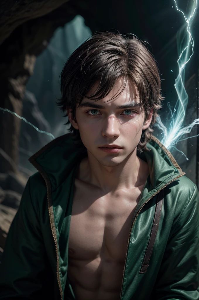 An ultra realistic and ultra detailed representation of the character Presto, inspired by the cartoon 'Dungeons & Dragons'. He is depicted as a young magician, with an expression of uncertainty as he tries to perform magic. Presto wears a dark green robe of textured fabric, with golden details that gently shine in the light. Presto's pointed wizard hat, also green and slightly worn, show realistic folds and shadow that falls on his face. His round glasses reflect the light around him, revealing brown eyes full of nervousness and curiosity. He firmly holds a polished wooden staff, with detailed carvings and a translucent magic sphere at the top, emitting a faint ethereal glow. The short brown hair has detailed strands, and his skin has a natural texture, with slight imperfections and a touch of shine. The background is a mystical cave full of magical effects, like floating particles of light in shades of blue, green and purple, with mystical rays of light illuminating the scene. The image has dramatic lighting that highlights the magical scene, with detailed shadows and an atmosphere of deep fantasy.