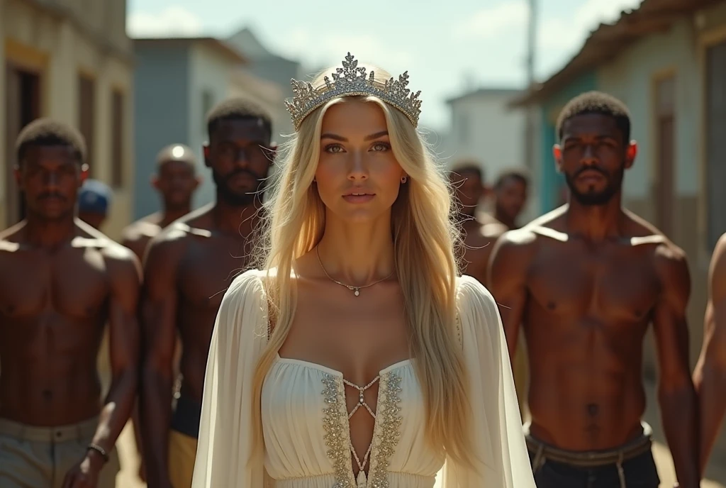 Magnificent detail, 8K Photos, hyper- realism, realistic background, visual depth, wide angle lens, professional light, all-body. {The scene shows a natural blonde princess of 25 years old, delicious, walking through a poor city in Haiti, observing all the misery of the place and some black men working shirtless on a construction site.} {The Princess is dressed in traditional clothes of a princess from the medieval era and a small traditional princess crown made of silver and with precious stones.. Their expressions are remorseful, but she seems to start to liven up when she looks at one of the black men} {the black men are visibly poor, Poorly dressed, thin, but with muscular bodies. They pause their manual labor and express  attraction to the princess}. The princess's clothes allow you to perceive the curves in her delicate body.