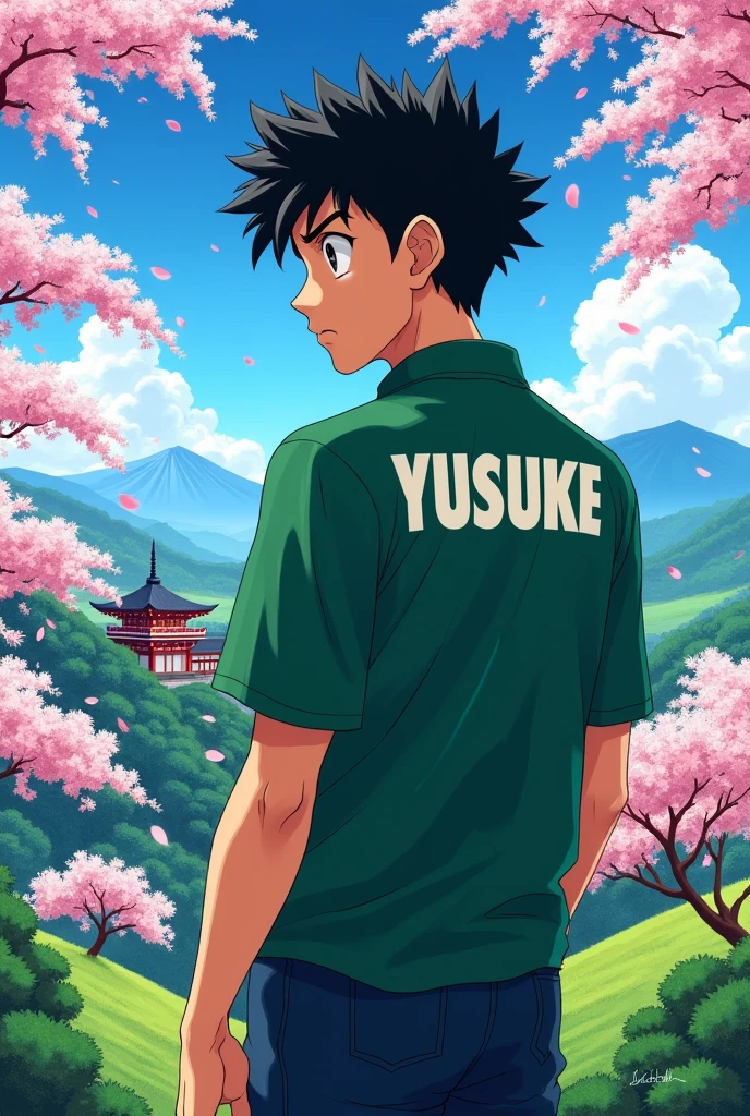 Character Yusuke Urameshi from YuYu Hakusho wearing a shirt with the name "Yusuke" written on the back of the shirt, and with Japanese style background