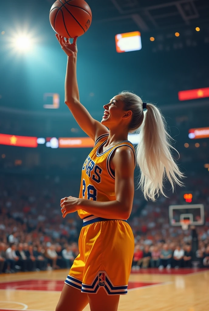 A beautiful youthful looking white Asian women as a 50 years old woman with very long hair completely gray hair in a 90s ponytail as a retired
NBA player wearing her old NBA jersey shooting the ball in the basket in a nba stadium she is smiling for the camera