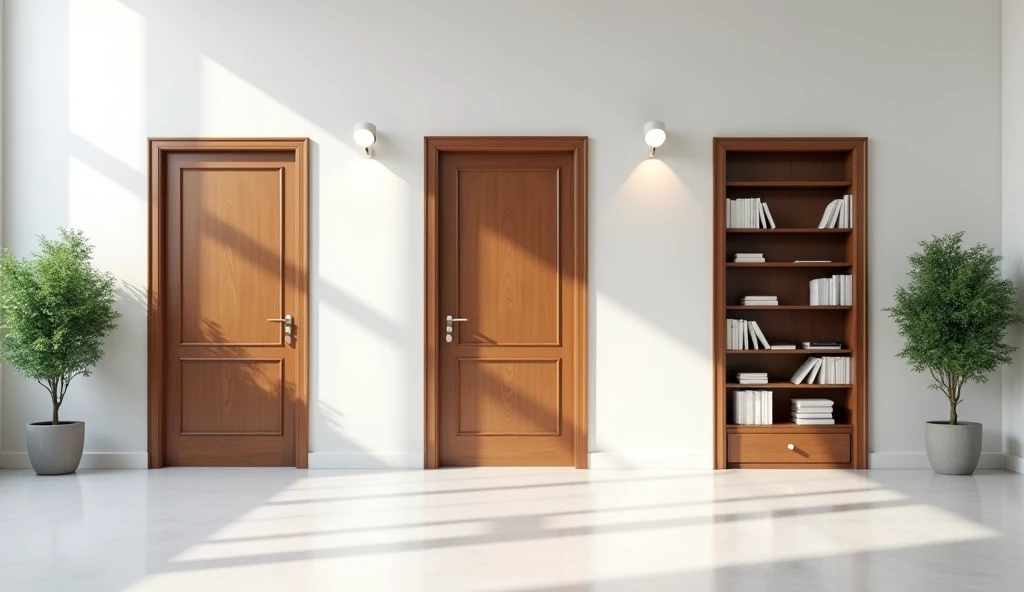 Create a modern room that features White walls that complement the overall sophisticated ambiance. The doors, crafted in a rich, wood finish similar to the ones seen in the image, enhance the classic aesthetic. Some of these doors remain closed, while others are open, offering a sense of accessibility and openness. Near the right side, there's a space allocated for two shelves filled with well-arranged books, contributing to the intellectual vibe of the space.

The room is brightly lit with strategically placed lights on both the right and left sides, ensuring a well-illuminated environment that highlights the room’s features. For added vibrancy, two green plants are positioned decoratively, bringing a touch of nature indoors. The overall setup provides an excellent backdrop for video overlays, balancing professionalism with a touch of warmth and elegance. THE FLOOR SHOULD BE HIDDEN AWAY FROM VIEW. 