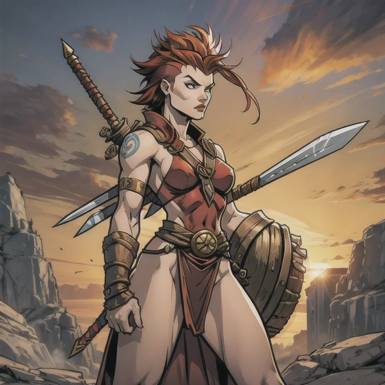 greek, ten mens, female, redheadwear, brave face, holding two spears, no armor, with clothese, mohawk hair, tatoo