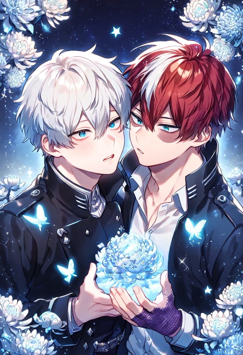 absurdres, highres, ultra detailed, HDR, master piece, best quality, extremely detailed, Todoroki Shouto, bicolor hair, right side white hair, left side red hair, expressive blue eyes, Boku No Hero Academia, Dabi, black hair, expressive turquoise eyes, two sexy men together, yaoi, gay couple, handsome, manly man, black coat, dark blue coat, fantasy, magical, crystal, sparkling, silver glittering fireflies, silver moon, silver blossoms, silver ice chrysanthemums, silver sparkling lights, starry sky, blue flames, silver ice butterflies