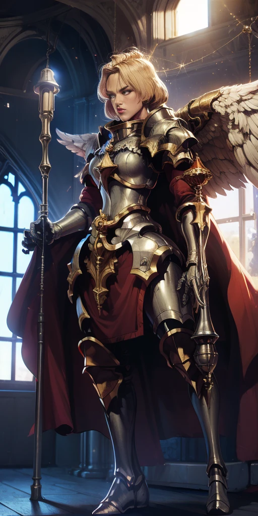 low angle, from below, paladin templar lady in white tabard, legwear, glowing yellow eyes, collar, golden chainmail, wide hips, barefoot, angel wings, pauldrons, halo, bob cut, blonde, eye focus, red cape, temple indoors, decorations, stained glass windows, night, particles, chromatic aberration, detailed, cinematic, dark scene, fantasy