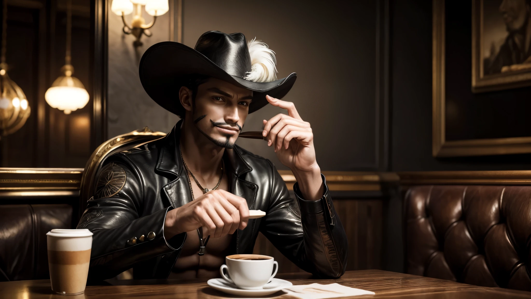 masterpiece, best quality, extremely detailed, hyperrealistic, photorealistic, a cool 40s man, ultra detailed face:1.2, black hat with feathers, in luxurious cafe, sitting at table with a coffee cup:1.2, perfect hands, perfect fingers, sly smile