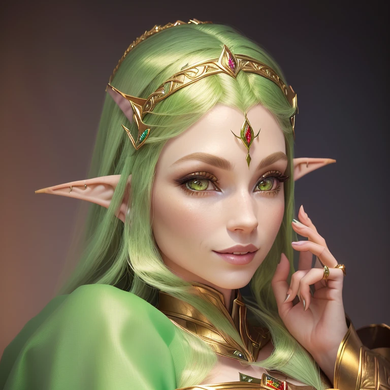 There is a 3D image of a woman with elf ears。, (((gone crazy))) Elf Princess, Elf Princess, elven character with smirk, Elf portrait, Fairy-like beauty, Profile portrait of Elven royalty, a Elf portrait, Elf Princess, She has elven ears and golden eyes, Elf in the Center, Elf portrait queen, Elf Girl