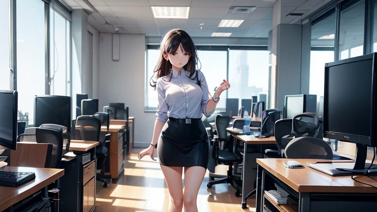 A woman working in an office、Please draw an illustration of a woman concentrating on desk work while wearing a tight skirt.。Computers and documents are lined up in the background.、There is a professional atmosphere。