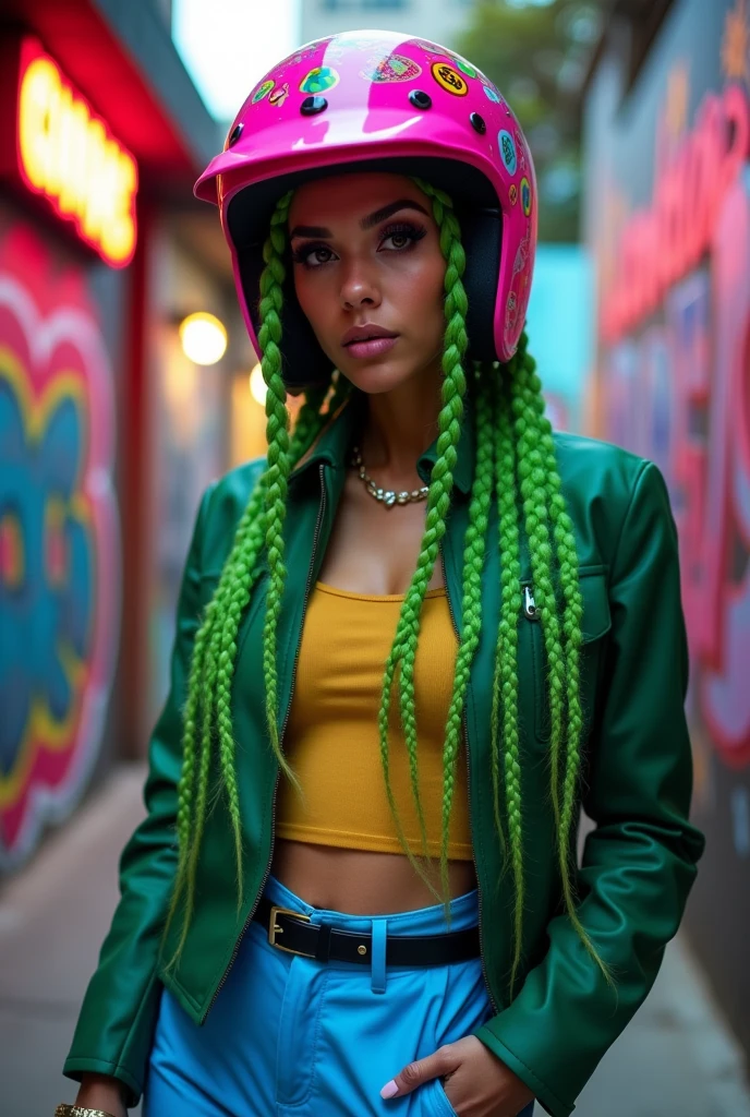 Baby slim woman with motorcycle helmet pink and green braids green jacket and blue pants