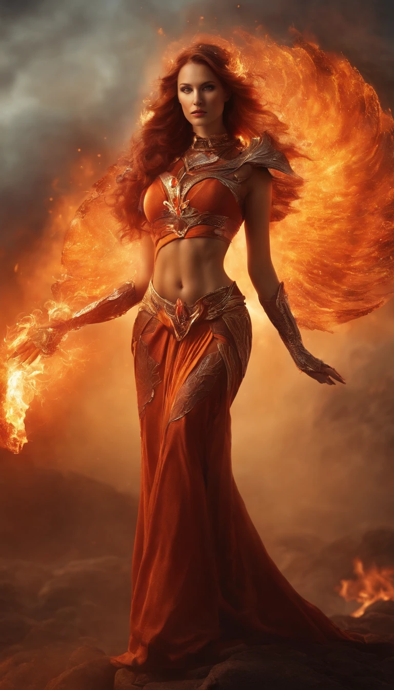 an image of a lady with fire coming out of her body, the butterfly goddess of fire, appears as the fire goddess, fire elemental, lava and fire goddess, evil steampunk pyromancer woman, cybernetic flame armor, goddess of fire, the fire goddess, an concept art of the tau queen, the fire queen, of a beautiful female warframe