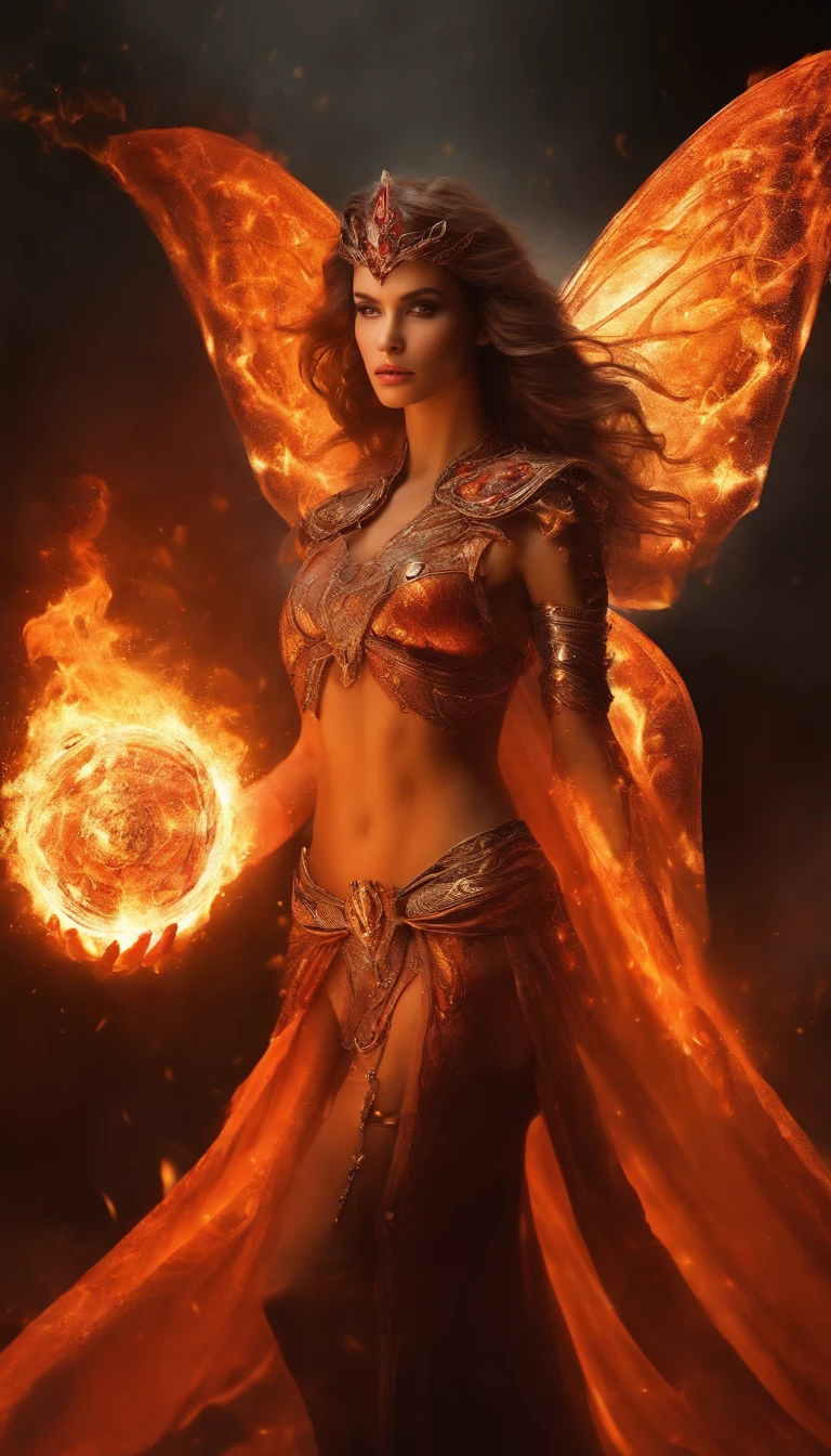 an image of a lady with fire coming out of her body, the butterfly goddess of fire, appears as the fire goddess, fire elemental, lava and fire goddess, evil steampunk pyromancer woman, cybernetic flame armor, goddess of fire, the fire goddess, an concept art of the tau queen, the fire queen, of a beautiful female warframe
