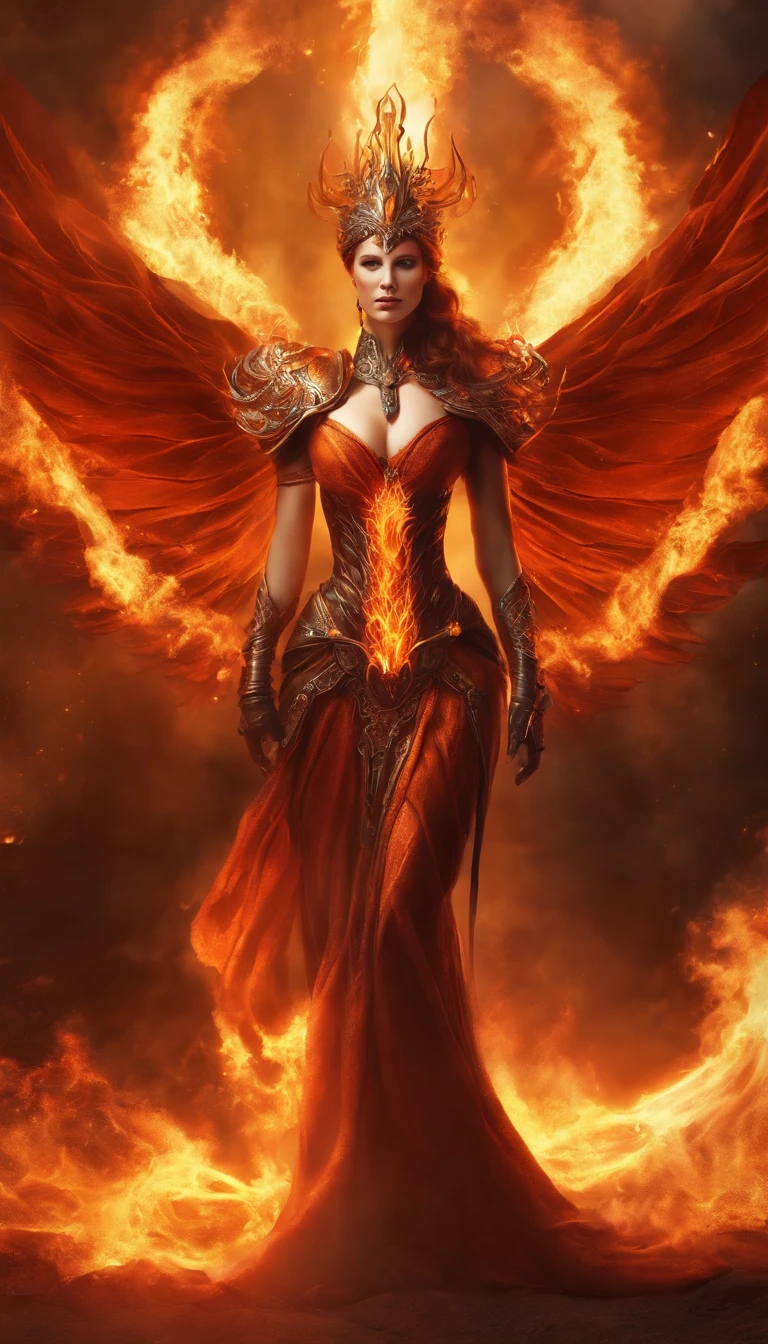 an image of a lady with fire coming out of her body, the butterfly goddess of fire, appears as the fire goddess, fire elemental, lava and fire goddess, evil steampunk pyromancer woman, cybernetic flame armor, goddess of fire, the fire goddess, an concept art of the tau queen, the fire queen, of a beautiful female warframe