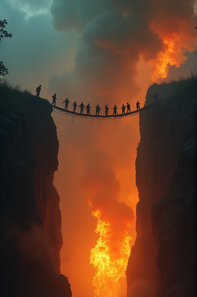Here’s the updated prompt:

"A nearly invisible bridge, thinner than a single hair, stretches across a vast, fiery chasm. This bridge is so thin it almost vanishes against the dark sky. People are seen attempting to cross the bridge, their faces etched with fear and determination. Some manage to balance precariously, while others slip and fall desperately into the inferno below. The abyss beneath is filled with roaring flames, casting a menacing red and orange glow. Thick, dark smoke rises from the depths, adding to the atmosphere of peril and despair. The sky above is dark and ominous, with swirling clouds illuminated by the fiery glow from below."