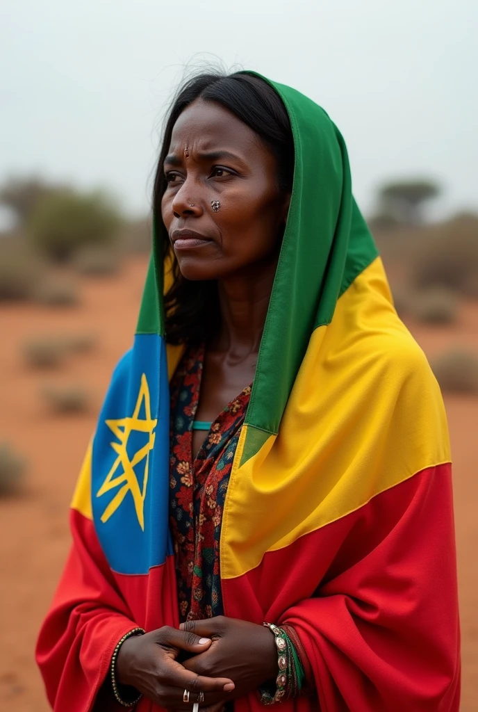 An Ethiopian mom wearing the flag cries sadly because she lost her child
