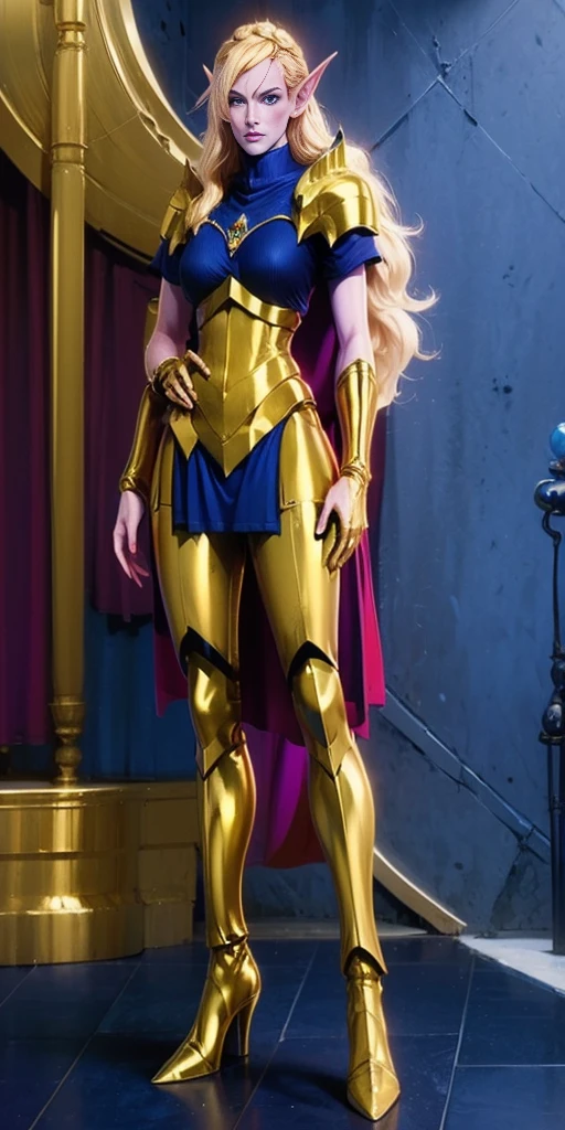 masterpiece, best quality, high quality, drow elf, long hair, pale hair, red eyes, purple skin, deep blue cape with golden ornaments (1solofemale full body standing straight symmetrical, hands on hips)