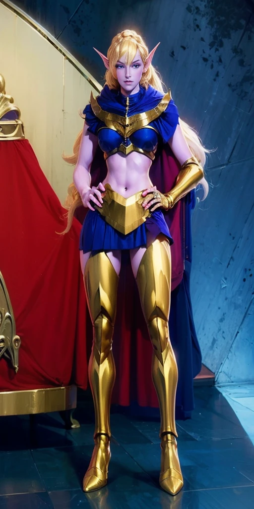 masterpiece, best quality, high quality, drow elf, long hair, pale hair, red eyes, purple skin, deep blue cape with golden ornaments (1solofemale full body standing straight symmetrical, hands on hips)