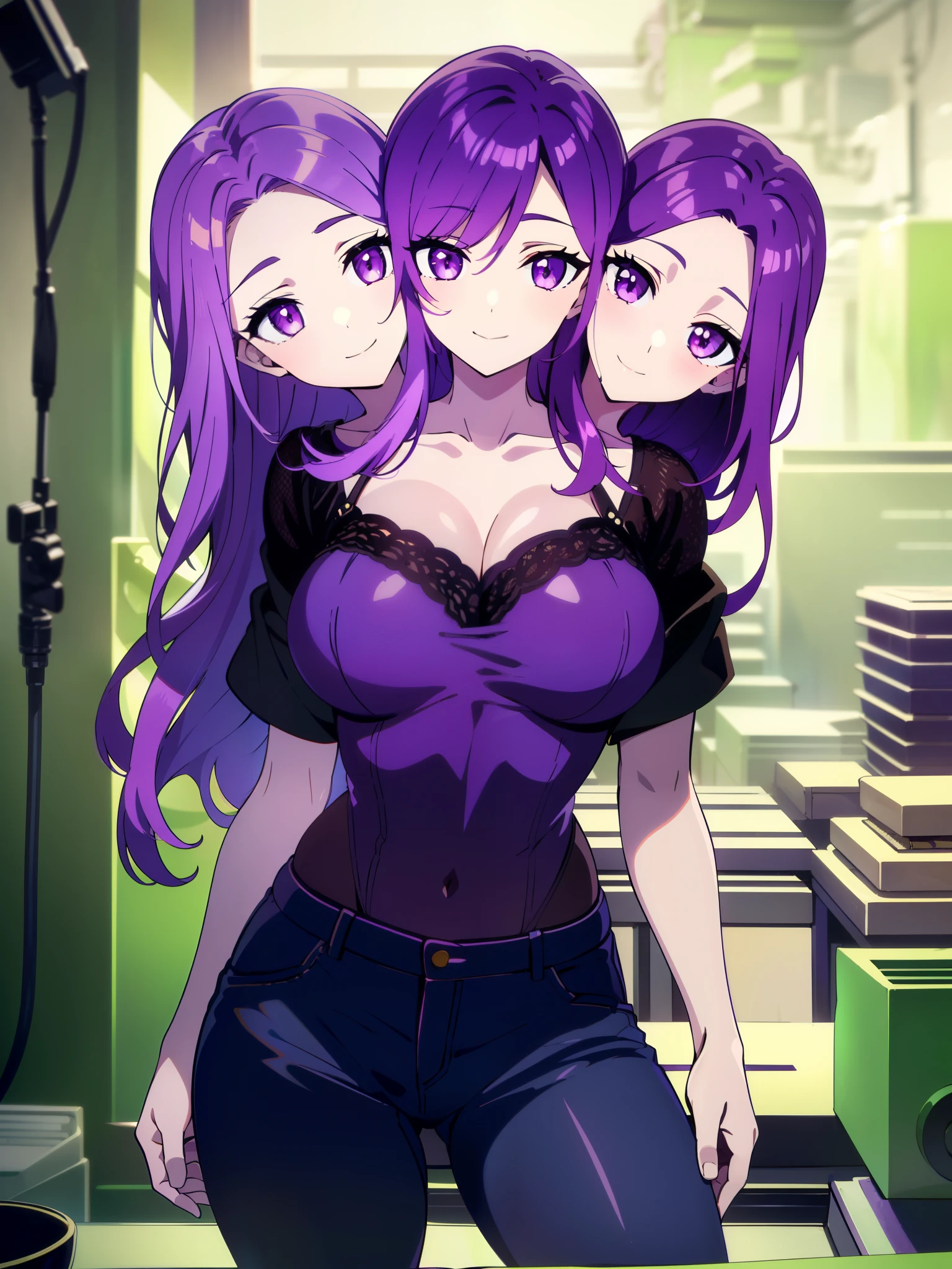 best quality, (masterpiece),(ultra-detailed), (high quality), (high resolution), ((3heads:1.5)), ((purple hair color:1.5)), girl with three heads, (violet eyes), best quality:1.5, highres, UHD, 4K), smiling, ((black short sleeve jacket over purple shirt)), ((wearing dark jeans)), (mature woman), casual dress, sexy proportions, thighs, Beautiful girl with accentuated slender abs, (factory background), ((same identical hair color:1.5)), gentle smile, (long hair)