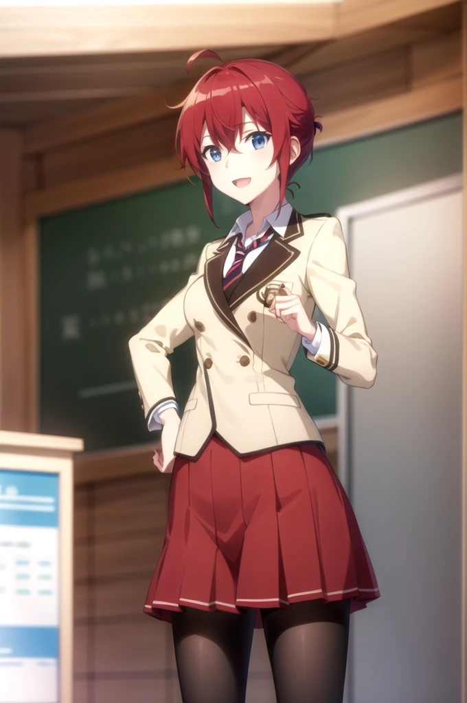 Highest quality, masterpiece, Very detailed,
Aoi Sakurai RW,
Open your mouth, A light smile,
blue eyes, Redhead, short hair, ミディアムshort hair,Boyish hairstyle, school uniform, blazer, tie, Red Skirt, pantyhose,
Are standing, Looking at the audience,
classroom