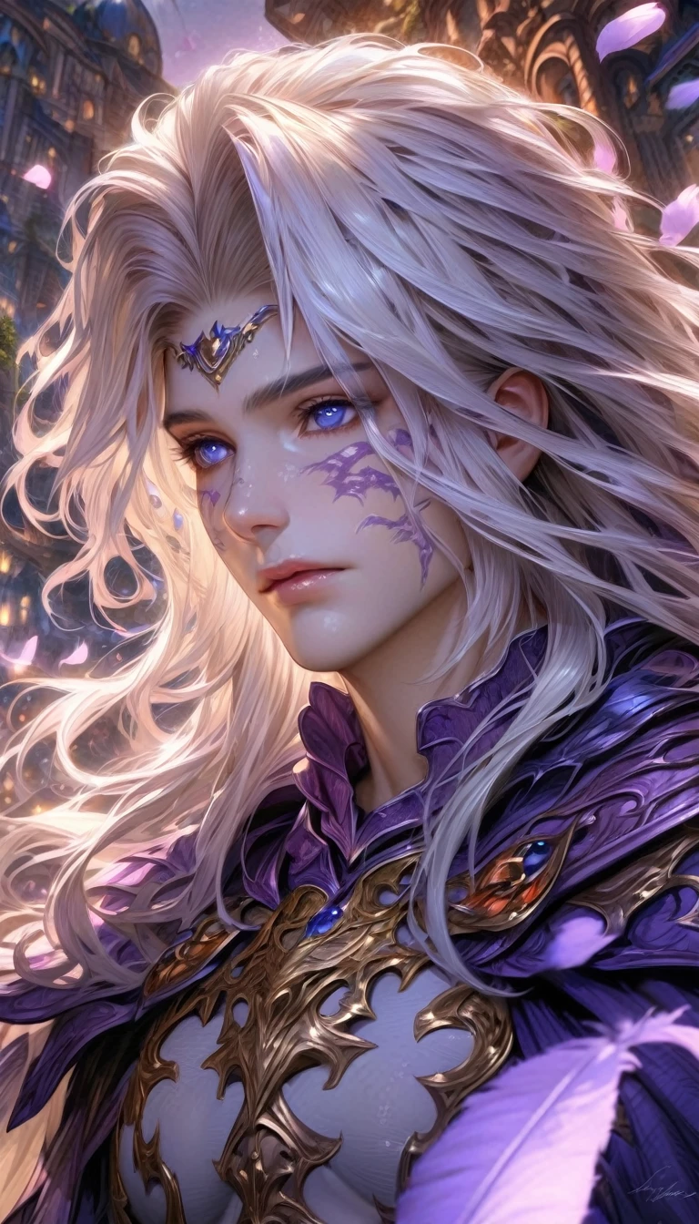 Ultra detailed, highres, absurdres, HDR, master piece, Cecil Harvey, white hair, long hair, expressive blue eyes, white armor with purple patterns, purple cape, Final Fantasy IV, petals, fireflies, sexy man, solo, handsome, very detailed face and eyes, best quality, fantasy, magical, realistic face, fantasy city, feathers, sensual