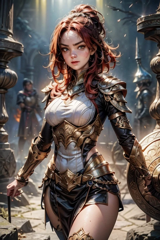 Create an image of a tall, muscular woman wearing gleaming plate armor. Her skin is fair and unblemished, except for a few small scars. She has fiery red hair, cropped short in a practical style, and piercing blue eyes filled with wisdom and determination. The armor covers every inch of her body, leaving only her hands and face exposed, and is adorned with intricate etchings and filigree. On her chest, the symbol of Torm - a hammer surrounded by a circle - is prominently displayed. She moves with surprising agility and precision, radiating strength and grace.