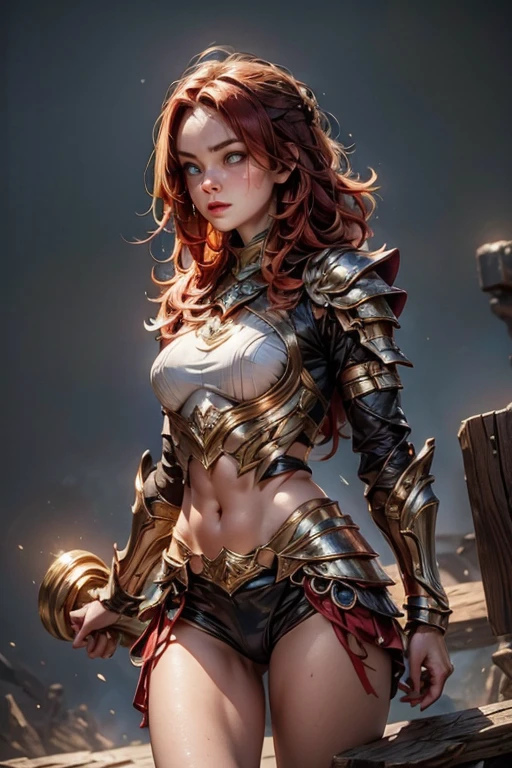 Create an image of a tall, muscular woman wearing gleaming plate armor. Her skin is fair and unblemished, except for a few small scars. She has fiery red hair, cropped short in a practical style, and piercing blue eyes filled with wisdom and determination. The armor covers every inch of her body, leaving only her hands and face exposed, and is adorned with intricate etchings and filigree. On her chest, the symbol of Torm - a hammer surrounded by a circle - is prominently displayed. She moves with surprising agility and precision, radiating strength and grace.