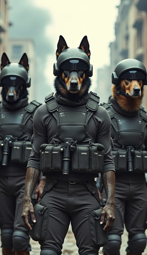 Create an image of three dogs standing together, fully dressed in anti-terrorist gear. The dogs are wearing tactical uniforms, helmets with visors, body armor, and are equipped with gear like weapons, radios, and other specialized equipment. They should look ready for a high-stakes mission.