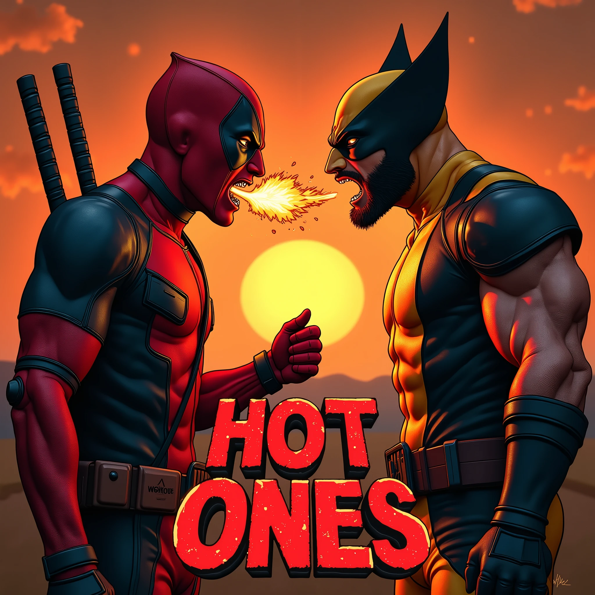 Deadpool and Wolverine face-off amidst a fiery sunset backdrop with retro vibes. The actors' mouths agape, still smoldering from scorching hot wings. Flames dance on their lips as they exhale fireballs. A crimson-red palette surrounds them, punctuated by black accents. Sultry gazes meet, shrouded in enticing shadows, evoking a gothic fantasy. 3D text in fiery red font declares "HOT ONES" with a cheeky touch, while distressed details add ruggedness to the design's edgy feel.
