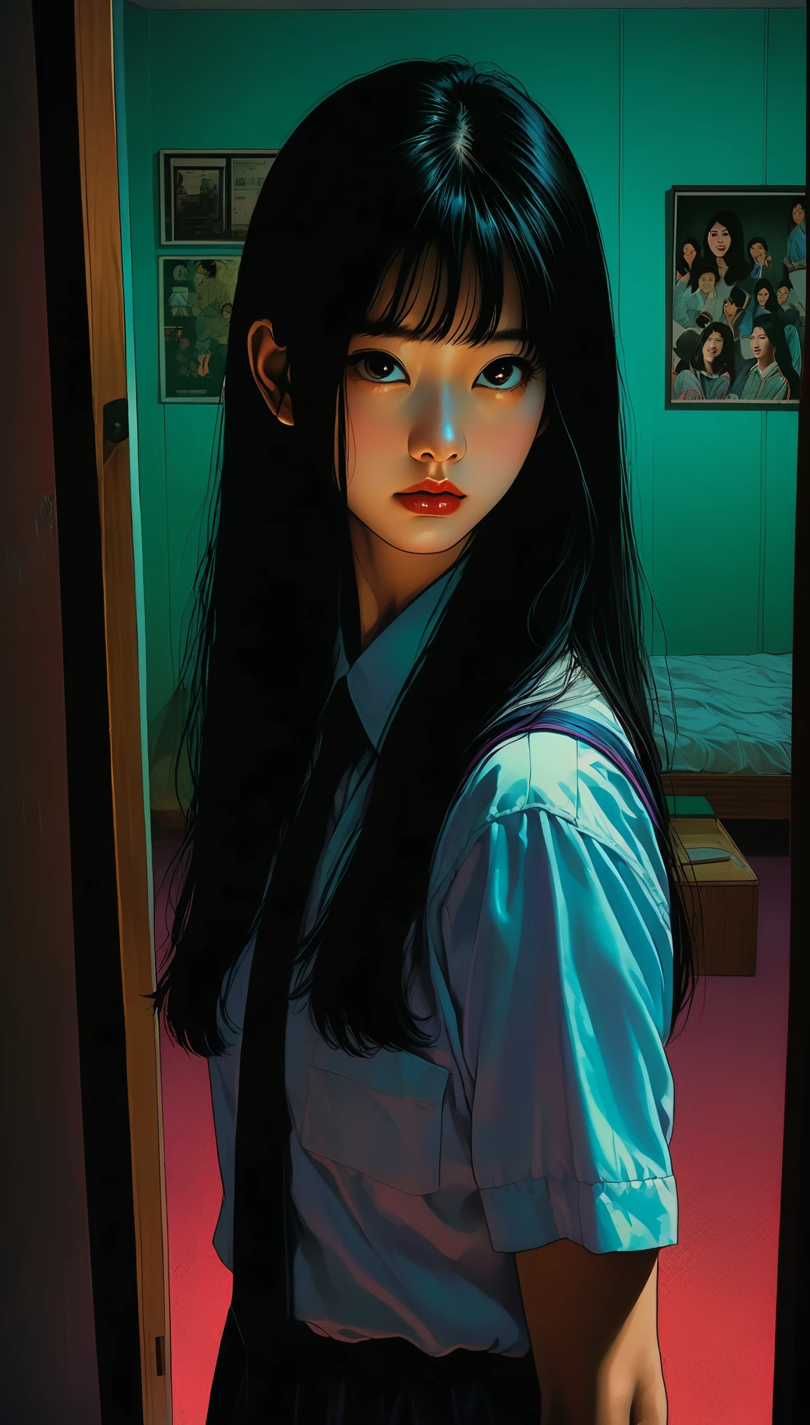 An illustration、art、80s Thai horror movie poster, Supervised by Junji Ito、(high school girl:1.0)、evening、Inside the room、Vacant rooms、Attention to detail, Realistic Shadows、Analog Style, chromatic aberration, Surrealism、Complementary Gradient