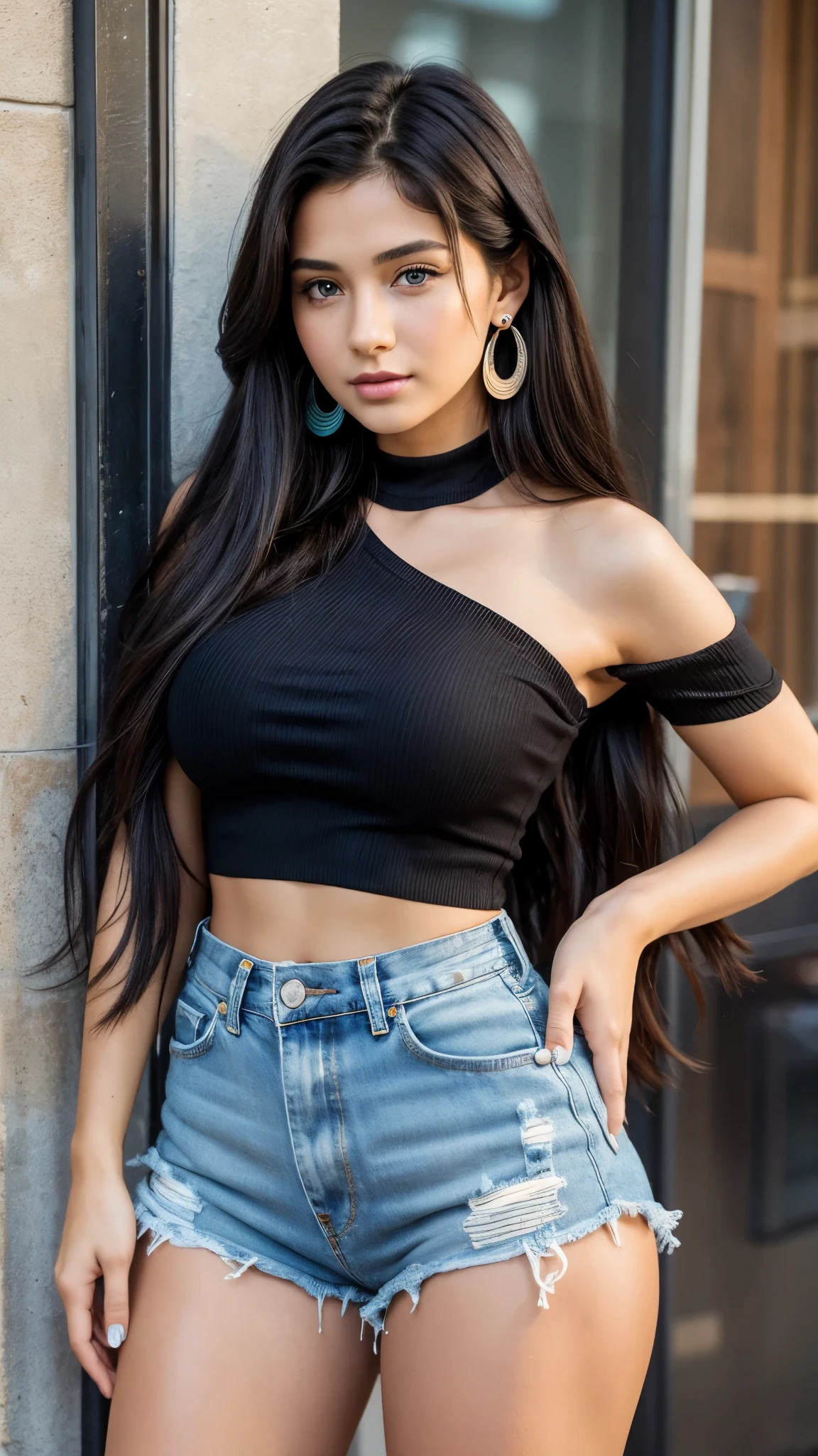 Beautiful 19 year old brunette girl with long black hair, blue eyes, big earrings and thick legs wearing a black one shoulder top and short high waisted denim shorts with her T shaped belly button showing