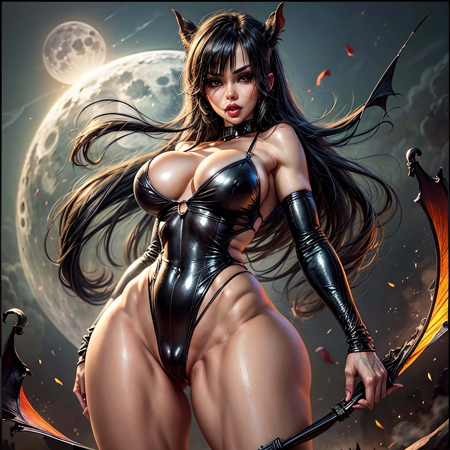 sexy vampirella wearing a deep V red swimsuit, ((Full moon and bats background)) , oily shiny skin, red eyes, hot and fit body, naughty, slutty, camel toes , detailed eyes,  flirty, sexy, naughty, large perky , realistic, HDR, UHD, dynamic, front view, dark outside. moonlight, glowing red eyes