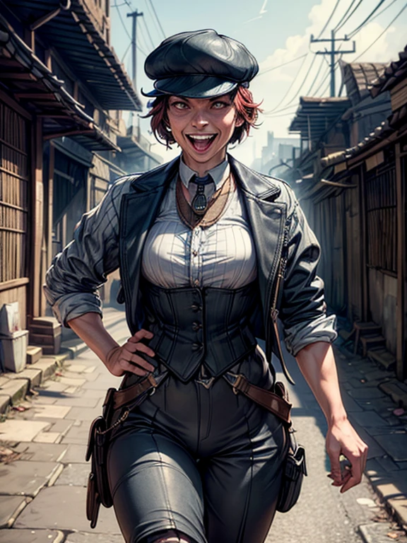 photo of (TCr3ws:1), a woman as a Peaky blinder, (laughing with bare teeth:1.3), (face focus), modelshoot style, (extremely detailed CG unity 8k wallpaper), Intricate, High Detail, Sharp focus, dramatic, photorealistic painting art by midjourney and greg rutkowski , (walking on the slums of London), (wearing a peaked cap:1.1), (detailed pupils:1.2), (dinamic pose:1.2), (Peaky Blinders:1.2), (holstered gun), (hands on hips:1.2), (closeup:1.1), tight bust, cleavage, slim waist, wide hips
