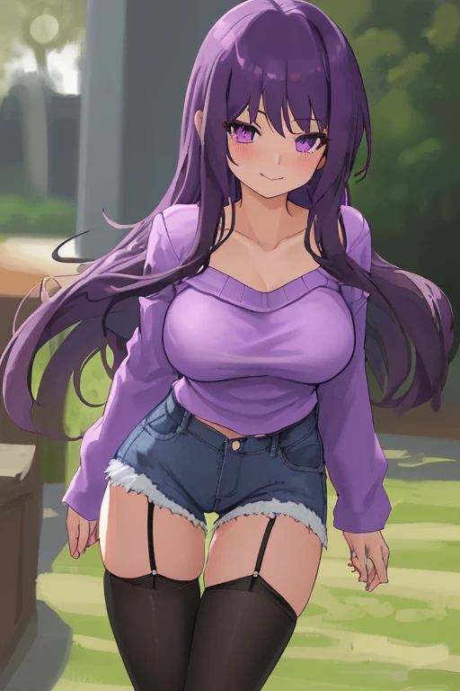 1girl, solo, long hair, breasts, looking at viewer, blush, smile, bangs, large breasts, shirt, thighhighs, long sleeves, holding, closed mouth, purple eyes, collarbone, purple hair, thighs, shorts, black thighhighs, sweater, short shorts, skindentation, garter straps, thigh gap, denim, denim shorts, poke ball, purple shirt, poke ball (basic), holding poke ball, cutoffs, purple sweater