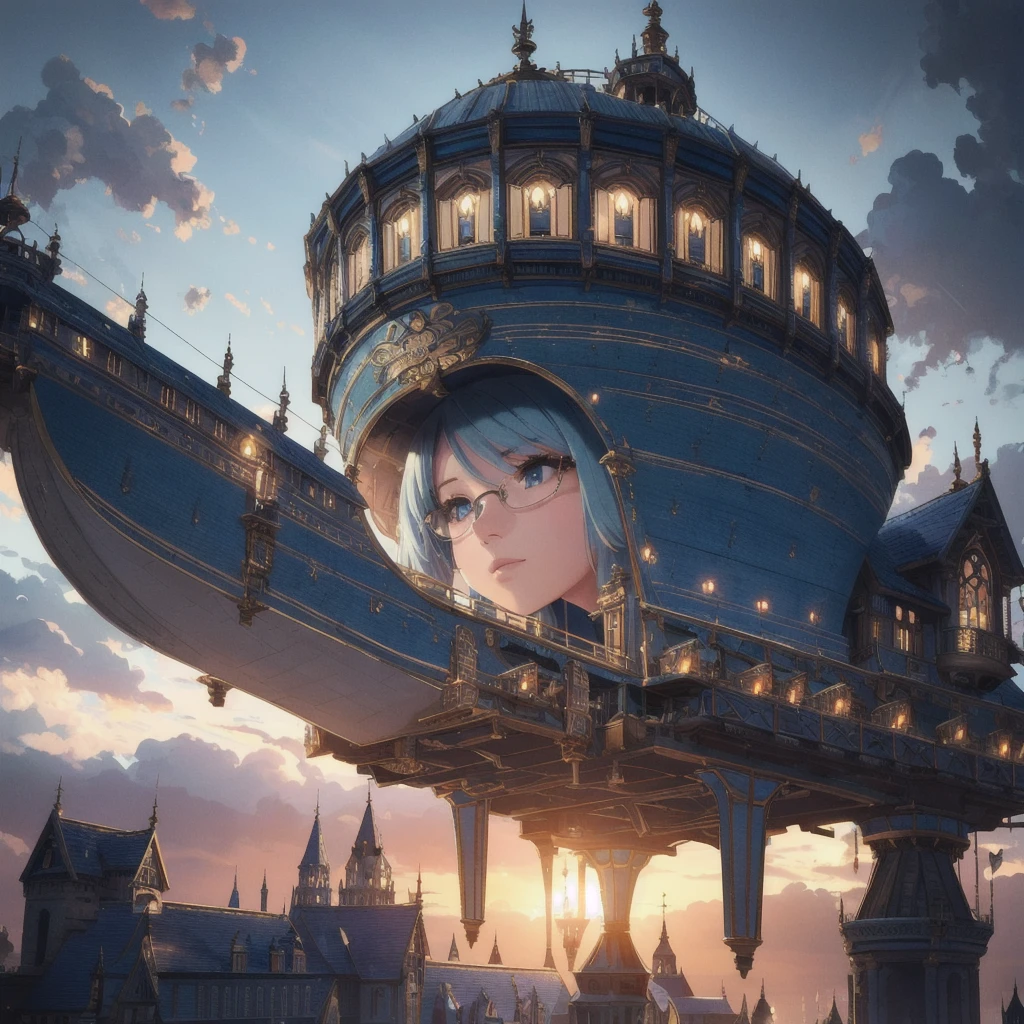 A highly detailed, clear, masterpiece, 8K, high resolution, ultra-detailed, photorealistic, professional lighting, cinematic lighting, fashion photography, ambient lighting, fantasy, background, floating trains, giant airships, surreal, amazing, scene, wonderful, complex, giant cityscapes, from below, ancient city, atmosphere,(A girl from below), ((full body)), beautifully detailed eyes, beautifully detailed lips, extremely detailed eyes and face, long eyelashes, white dress, wearing glasses, blue hair, short hair, back view, atmospheric lighting, detailed foliage, vibrant colors, (highest quality, 4k, 8k, high resolution, masterpiece: 1.2), ultra detailed, (realistic, photorealistic, photorealistic: 1.37), complex background, dreamy atmosphere, cinematic lighting,