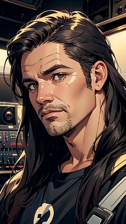 DClark, D_Clark, front view, looking forward, centered, close-up A man, 25yo, with a rocker look, long hair, high contrast, in the audio studio