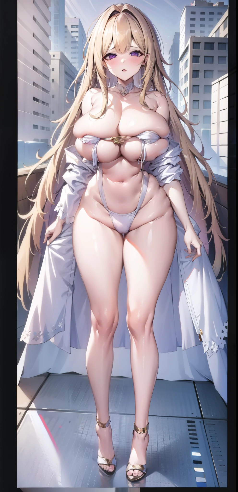 girl,Large Breasts,long hair,Topless,Bow,Blonde Hair, Purple Eyes, Cleavage,Large Breasts,whole body,NUDE