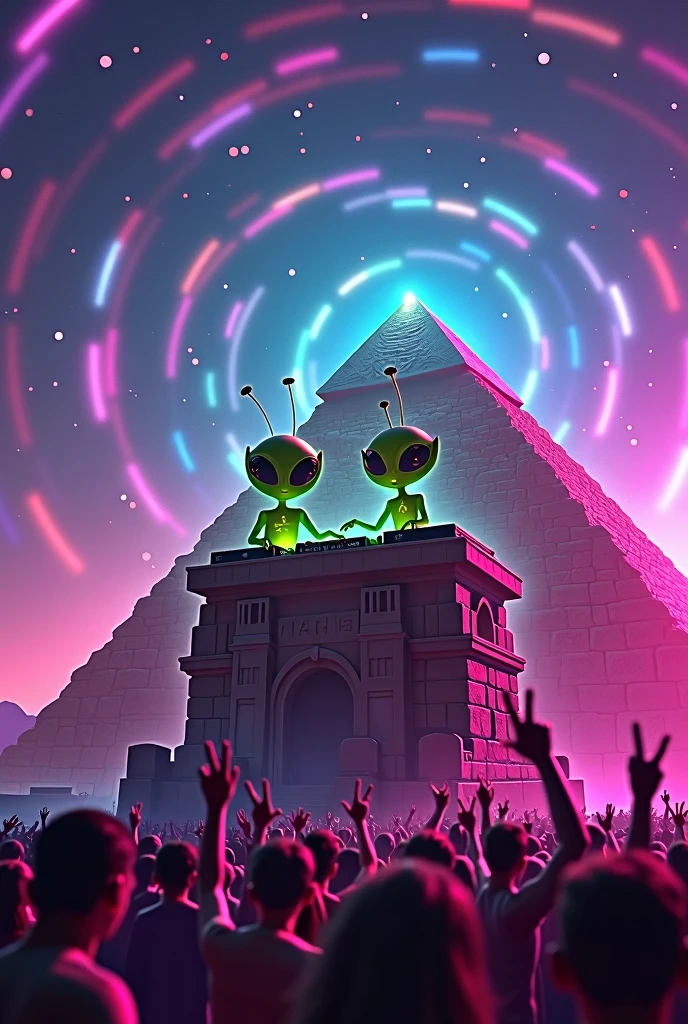 Two green aliens DJing electronic music on top of an Egyptian pyramid, at a party with neon lights at night.