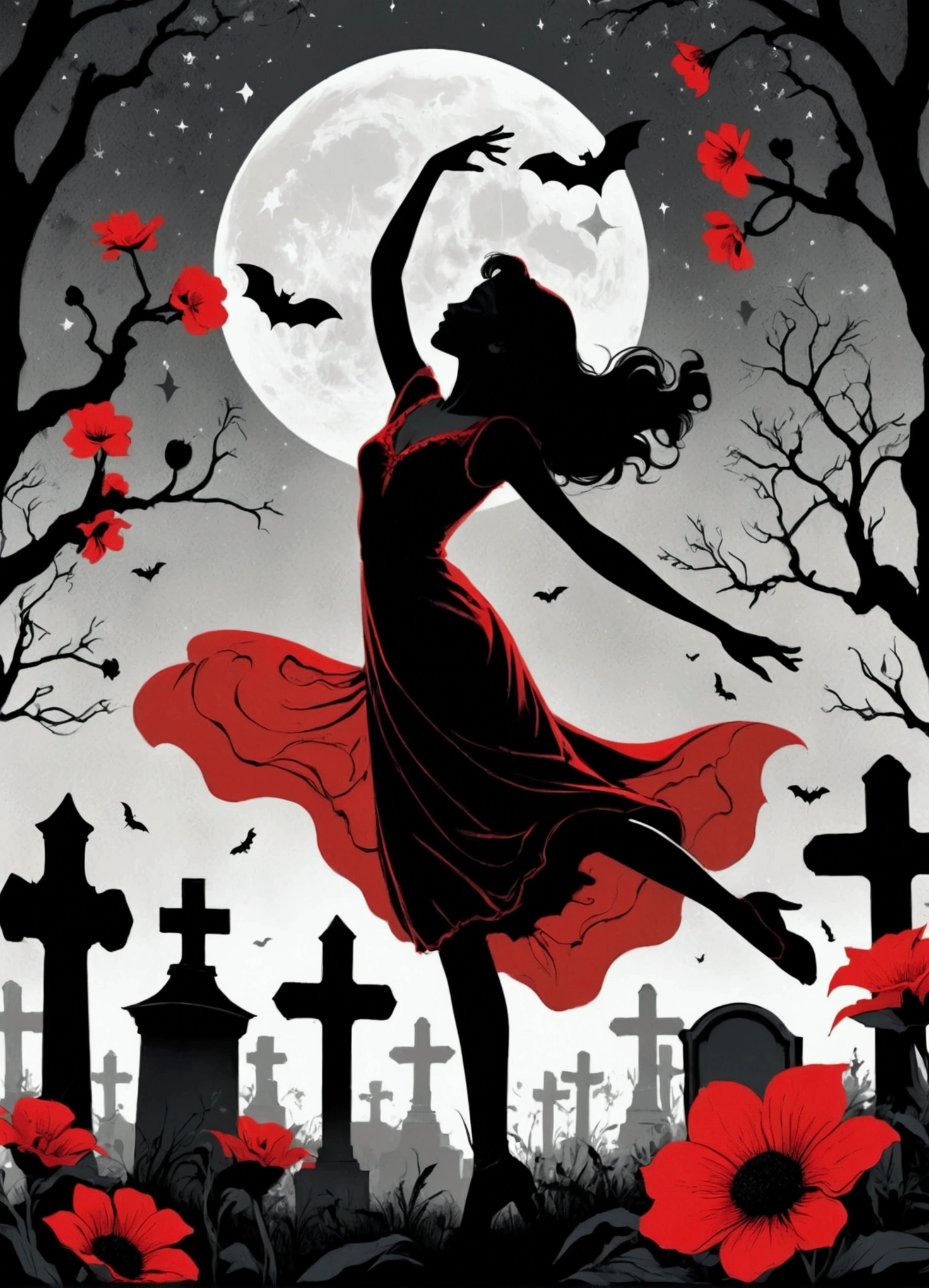 Young woman dancing in a graveyard, silhouette, vintage poster style, black, red and gray colors, bat's flying, flowers, stars and moon 
