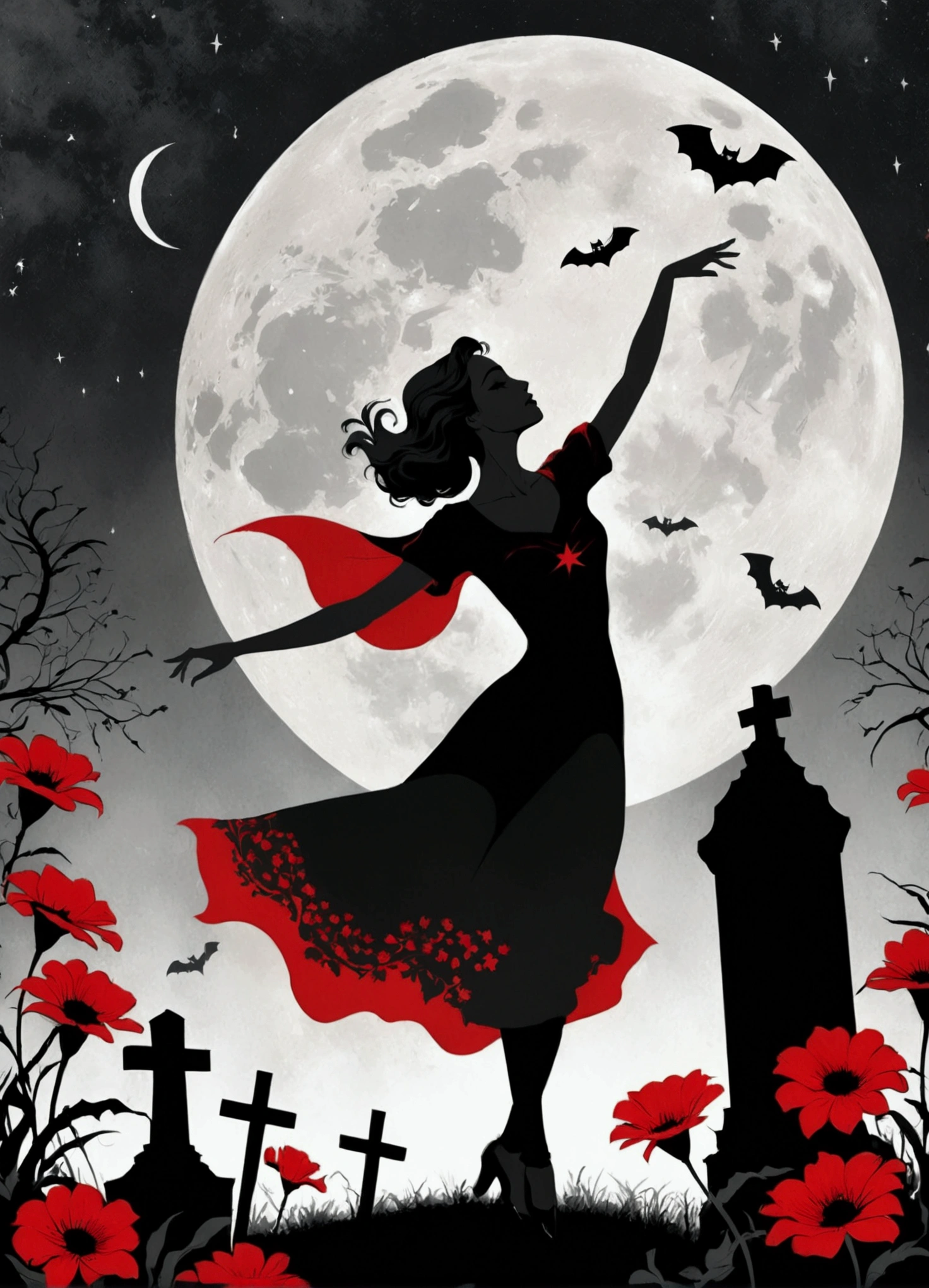 Young woman dancing in a graveyard, silhouette, vintage poster style, black, red and gray colors, bat's flying, flowers, stars and moon