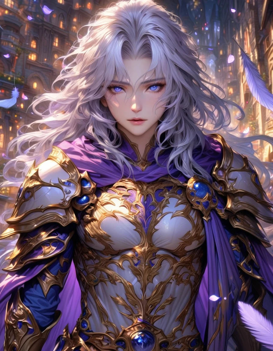 Ultra detailed, highres, absurdres, HDR, master piece, Cecil Harvey, white hair, long hair, expressive blue eyes, white armor with purple patterns, purple cape, Final Fantasy IV, petals, fireflies, sexy man, solo, handsome, very detailed face and eyes, best quality, fantasy, magical, realistic face, fantasy city, feathers, sensual
