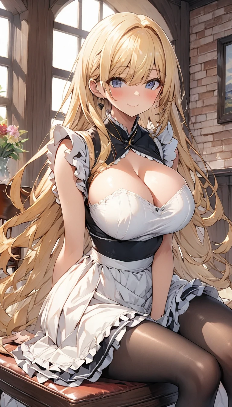 One Woman、beautiful girl、maid、20-year-old、Blonde、Very Long Hair、Western-style building、maidの、頭にmaidカチューシャ、Short skirt、Black Pantyhose、Ultra-definition image quality、Highest quality, smile,Big Breasts、Very large breasts、Sit on a chair、Crossing your legs、Crossing your legsポーズ、Poses that accentuate the chest