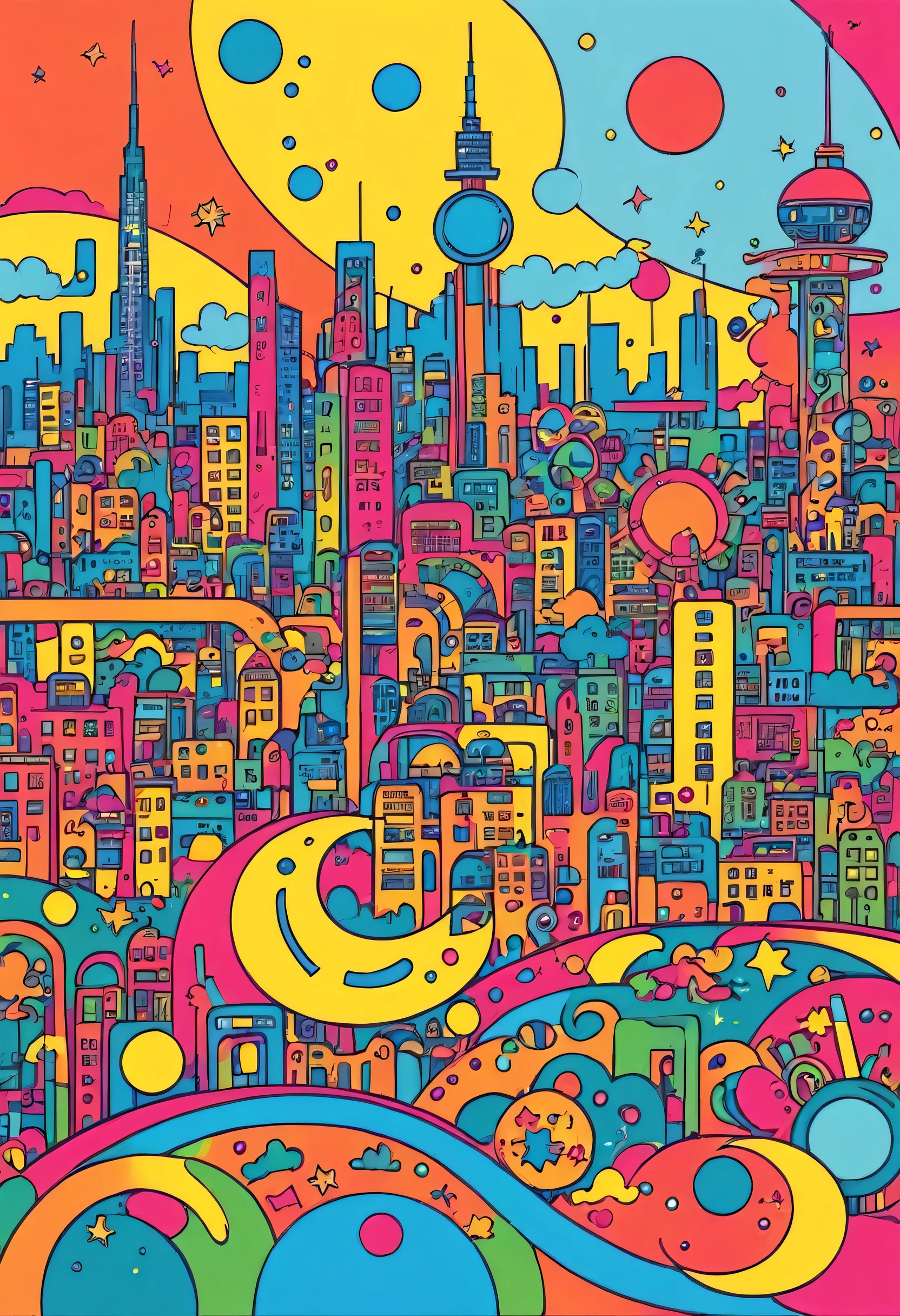 Keith Haring colorful style, Simple Line Initialism,Abstract art,(((Future City))), (((The background is space))