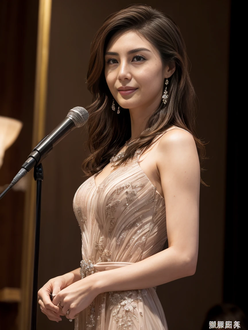((masterpiece、Highest quality))、shape、Very detailedな、8k、Realistic、Sharp focus、Very detailed、Professional Lighting、Spotlight、Colorful details、(A beautiful woman beyond compare:1.4)、(Formal Dresses:1.35)、(barefoot)、(Stand with arms down:1.3)、Detailed Texture、Perfect Style、Sexy body、A luxurious set for the stage、In front of a packed audience、Looking at the audience、Age 25、