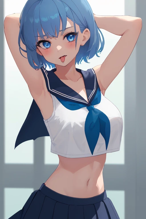 1girl, solo, breasts, looking at viewer, blush, short hair, open mouth, bangs, blue eyes, skirt, large breasts, shirt, navel, school uniform, blue hair, collarbone, white shirt, pleated skirt, serafuku, sleeveless, tongue, midriff, tongue out, black skirt, armpits, sailor collar, stomach, arms up, blue skirt, crop top, sleeveless shirt, blue sailor collar, arms behind head