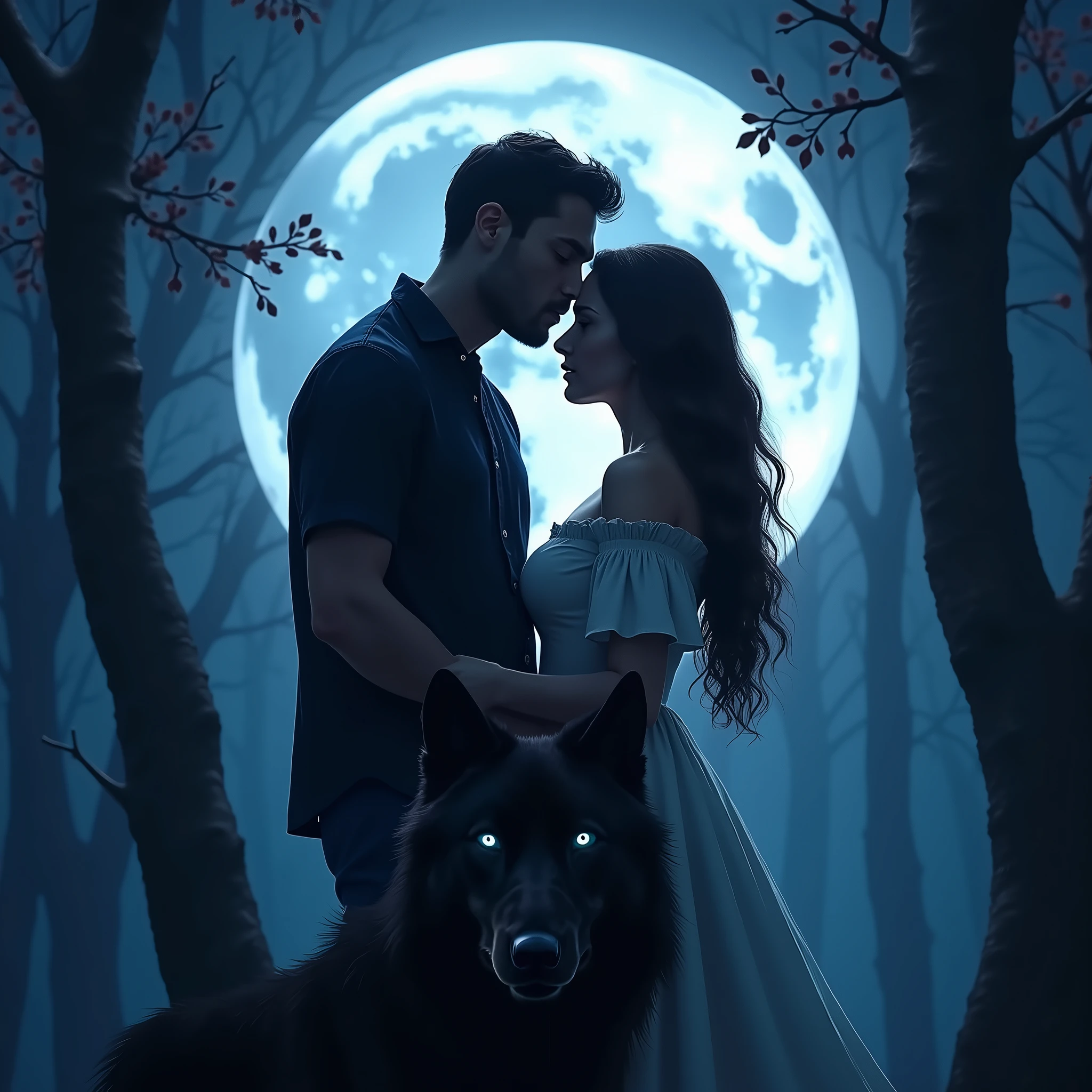 A book cover of a full picture couple, the male should be kissing the female’s forehead, while the female will have her eyes closed and her hands holding his arms. In the background add the full moon behind them also add with some tree branches (not too much) also add a big black wolf underneath them. It’s eyes should be very light it should be emitting icy blue. Also the background color should be blue like in a forest with the full moon shining on the background and the characters.