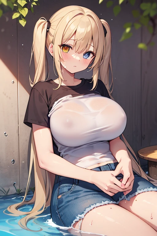 (masterpiece, top quality, detailed drawing, beautiful hair, beautiful eyes, perfect face, perfect and correct human body structure), summer, summer sun, big yard with white house, blonde hair with short twin tails hair, very baby face, droopy eyes, heterochromia, pink eye, orange eye, very huge breasts, 145cm tall Girl sitting with hands in portable kiddie pool in too tight fitting little t-shirt and very short denim mini skirt, heat weary face, downcast eyes, sweaty, waterlogged, sunburn marks
